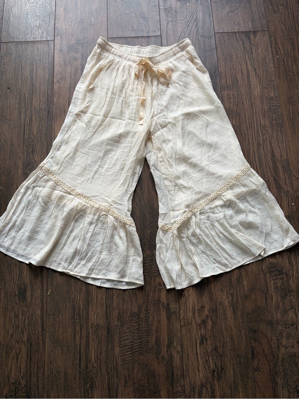 Cream Ruffle Wide-Leg Bottoms